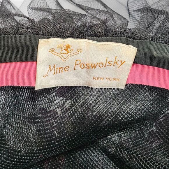 Vintage Mme. Poswolsky NY Black Tulle Derby Hat Roses & Rhinestones 1950s RARE main image 16